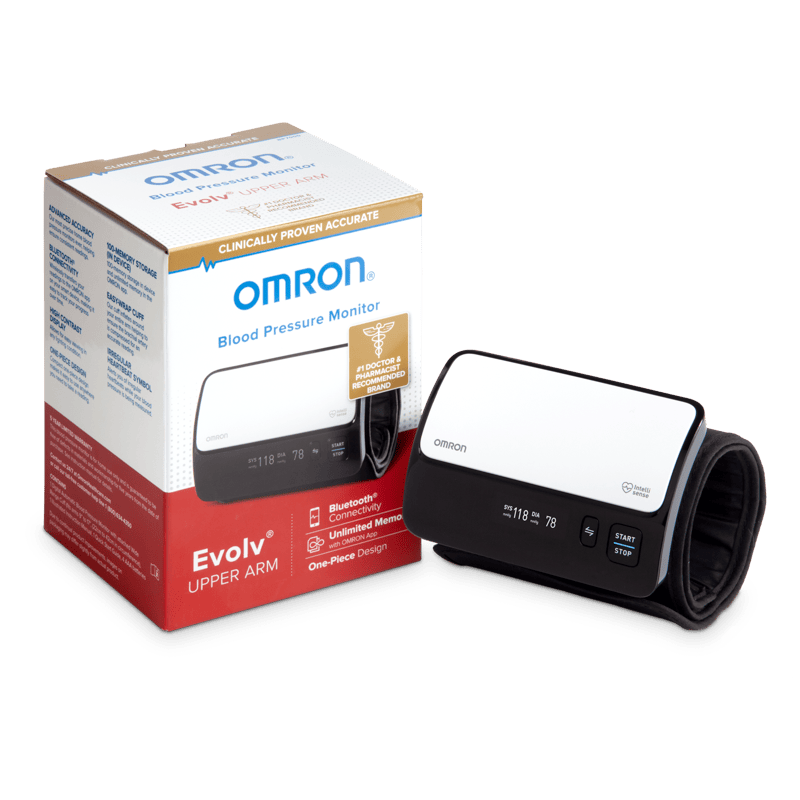 OMRON Evolv wireless upper-arm blood pressure monitor and box